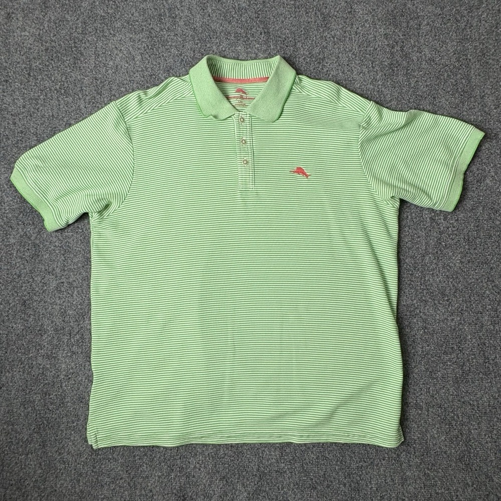 Tommy Bahama Polo Shirt Mens Large Green White Striped Pique Pink Marlin